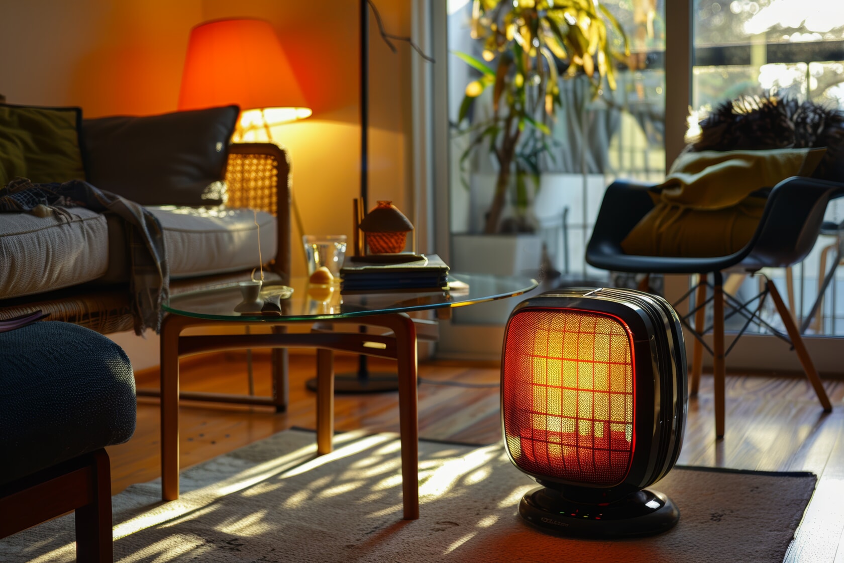 Cozy Winter Night: Modern Portable Heater in Stylish Apartment Living Room for Efficient Warmth